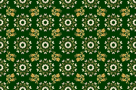 Raster traditional classic golden seamless pattern on green, neutral and blue colors. Seamless...