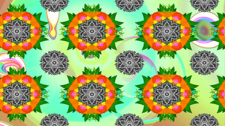 Vintage retro style. Raster illustration. For print on fabric, textiles, wallpaper. Seamless pattern with colorful paisley, green, gray and orange flowers and decorative elements. Seamless background.の写真素材