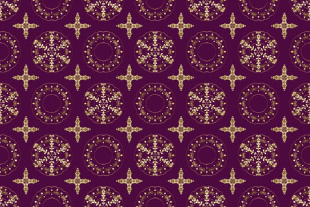Vintage seamless pattern on a beige, brown and purple colors with golden elements.