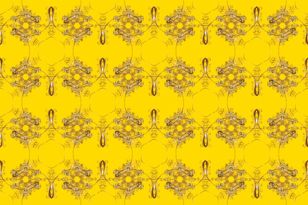 Delicate golden pattern. Seamless pattern on yellow, brown, beige colors with golden elements. Seamless golden texture curls. Brilliant lace, flowers, paisley. Oriental style arabesques. Raster.の写真素材