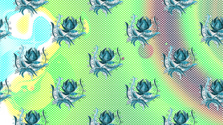 Hand drawn hand autumn floral flower pattern. Colorful green, neutral and blue hand pattern. Doodle style. Perfect for textile, cover design. Flowers on green, neutral and blue colors.の写真素材