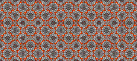 Vintage outline illustration. Raster flower print. Floral gray, black and orange seamless pattern....
