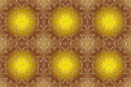 Raster seamless pattern on brown, yellow and beige colors with golden elements. Damask seamless...