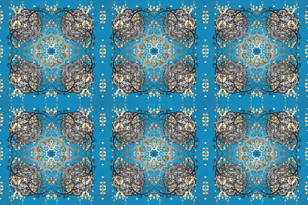Seamless vintage pattern on blue, gray and neutral colors with golden elements.