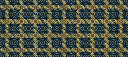 Raster illustration. Vintage seamless pattern on a blue and brown colors with golden elements.