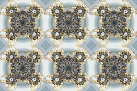 Raster seamless pattern on gray, beige and neutral colors with golden elements. Damask seamless...