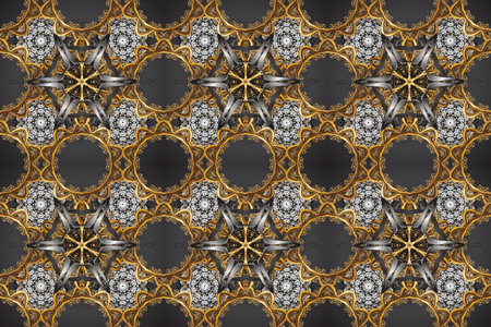 Seamless pattern on gray, brown and beige colors with golden elements. Classic raster golden...