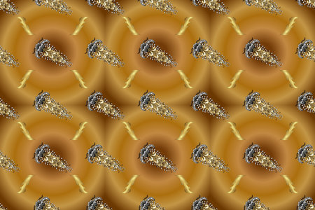 Golden elements on beige, yellow and brown colors. Floral pattern. Wallpaper baroque, damask....
