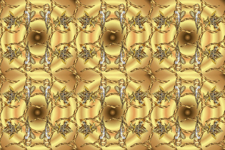 Small depth of field. Backdrop with gold trim. Luxury furniture. Patina. Seamless element woodcarving. Pattern on beige, yellow, brown colors with golden elements. Furniture in classic style. Carving.の写真素材