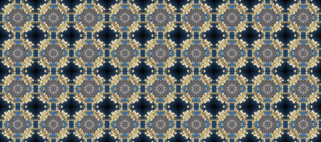 Seamless pattern on gray, blue and beige colors with golden elements. Traditional oriental ornament....