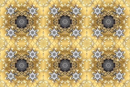 Golden seamless pattern on beige, yellow and gray colors with golden floral elements. For your...