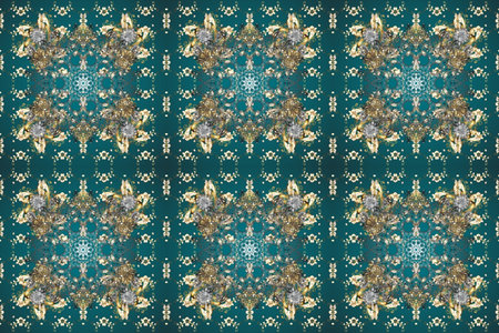Raster abstract background with golden repeating elements on a blue, green and gray colors. Seamless...