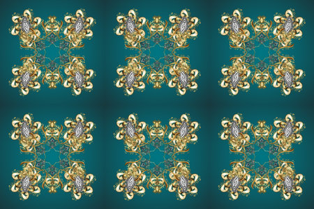Golden element on blue, green and beige colors. Antique golden repeatable wallpaper. Damask seamless...