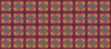 Seamless pattern on brown, purple and gray colors with golden elements. Raster oriental ornament....