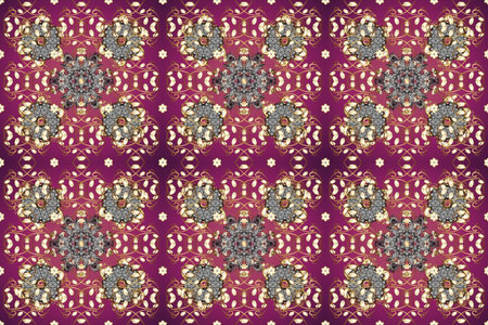 Hand drawn decorative frame, album cover, greeting card, vintage Art deco style. Raster abstract floral wreath from golden doodle fantasy leaves and flower on a purple, beige and brown colors.の写真素材