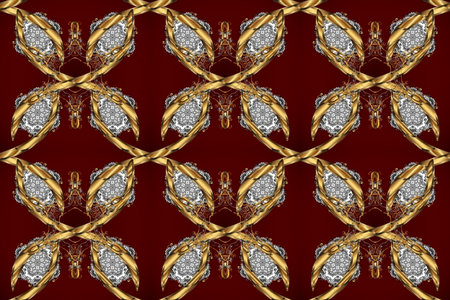 Openwork golden pattern. Raster. Seamless pattern on brown, red, gray colors with golden elements....