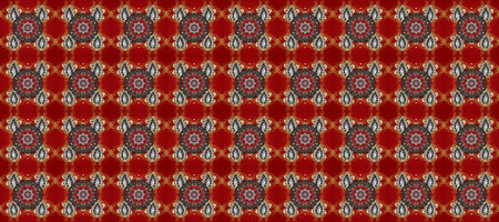 Raster abstract floral wreath from golden doodle fantasy leaves and flower on a red, brown and gray...