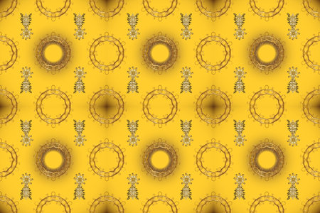 Classic raster golden seamless pattern. Floral ornament brocade textile pattern, glass, metal with floral pattern on yellow, brown and beige colors with golden elements.の写真素材
