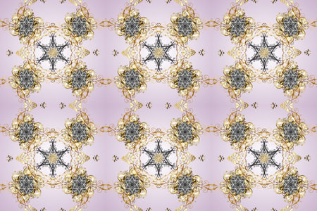 Raster oriental ornament. Seamless pattern on neutral, beige and gray colors with golden elements....