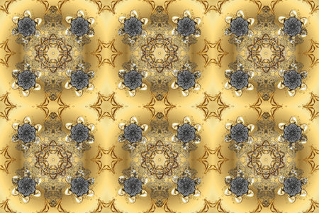 Seamless oriental ornament in the style of baroque. Raster traditional classic golden seamless pattern on yellow, brown and beige colors.の写真素材