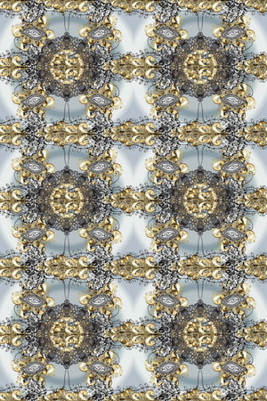 Classic vintage background. Seamless pattern on gray, beige and brown colors with golden elements. Traditional oriental ornament. Seamless classic raster golden pattern.の写真素材