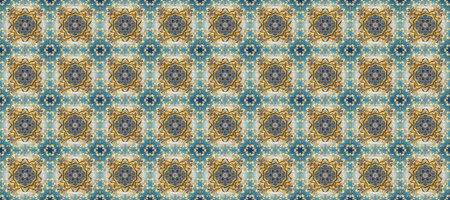 Golden element on blue, gray and neutral colors. Golden floral ornament in baroque style. Damask seamless pattern repeating background. Antique golden repeatable wallpaper.の写真素材