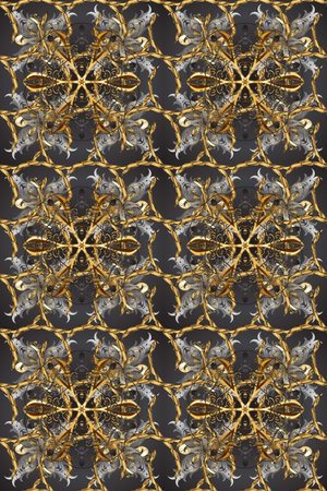 Raster seamless pattern with gold antique floral medieval decorative, leaves and golden pattern...