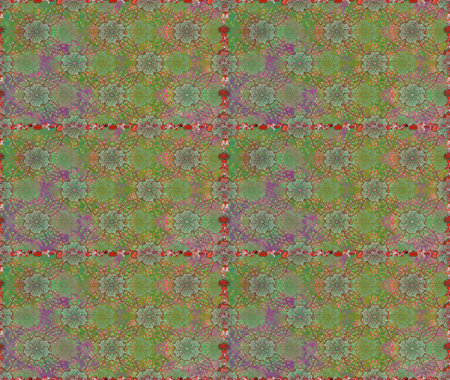 In Asian textile style. Raster illustration. Flowers on green and neutral colors. Raster...