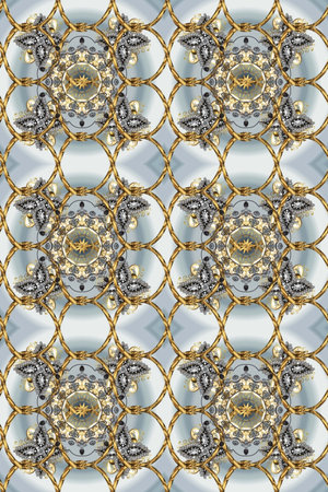 Seamless medieval floral royal pattern. Decorative symmetry arabesque. Raster illustration. Good for greeting card for birthday, invitation or banner. Gold on gray, beige and brown colors.の写真素材