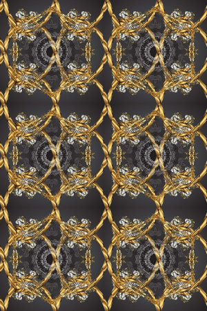 Raster seamless pattern with floral ornament. Golden ornate illustration for wallpaper. Ornamental...