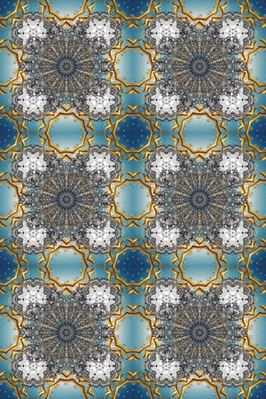 Seamless pattern oriental ornament. Floral tiles. Golden pattern on gray, blue and brown colors with...