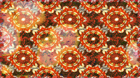 Classic raster golden seamless pattern. Floral ornament brocade textile pattern, glass, metal with floral pattern on orange colors with golden elements.の写真素材