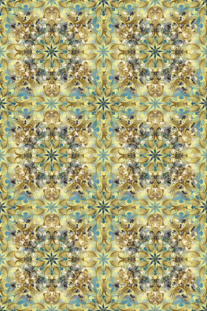 Seamless pattern on neutral, beige and brown colors with golden elements. Raster oriental ornament....