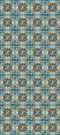 Arabic decor on blue, gray and neutral colors. Ornamental lace tracery. Vintage design element in Eastern style. Raster seamless pattern with floral ornament. Golden ornate illustration for wallpaper.の写真素材