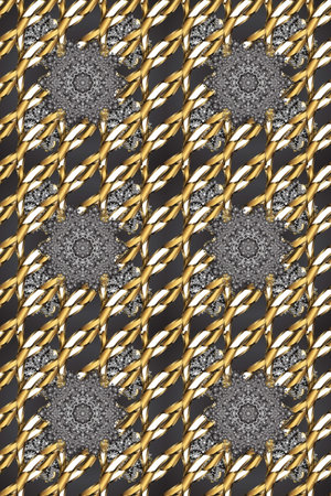Golden pattern on gray, brown and beige colors with golden elements. Traditional oriental ornament. Classic vintage background. Seamless classic raster golden pattern.の写真素材