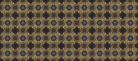 Raster abstract background with repeating elements. Raster illustration. Seamless damask classic golden pattern. Golden seamless pattern on colors with golden elements.の写真素材