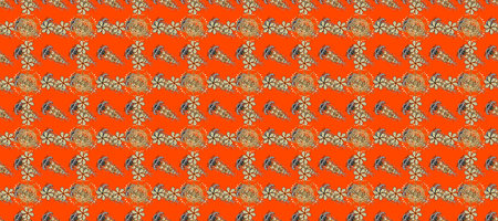 Raster golden textile print. Floral tiles. Golden pattern on yellow, orange and beige colors with golden elements. Seamless pattern.の写真素材