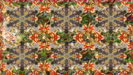 Raster golden pattern on brown colors. Abstract wallpaper, wrapping decoration. Golden snowflake simple seamless pattern.の写真素材