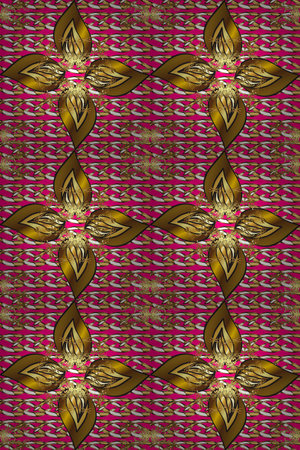 Golden pattern on brown, magenta and yellow colors with golden elements. Seamless pattern oriental ornament. Floral tiles. Raster golden textile print. Islamic design.の写真素材