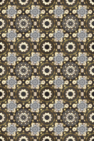 Golden snowflakes on brown, beige and orange colors. Symbol holiday, New Year celebration raster golden pattern. Winter snow texture wallpaper. Christmas golden snowflake seamless pattern.の写真素材