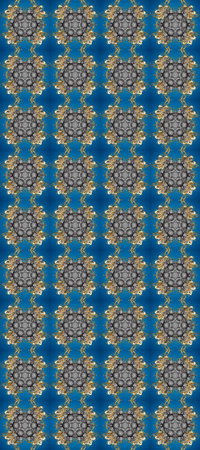 Gold on blue, gray and brown colors. Raster illustration. Good for greeting card for birthday, invitation or banner. Seamless medieval floral royal pattern. Decorative symmetry arabesque.の写真素材