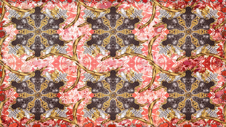 Golden pattern on brown colors with golden elements. Seamless oriental ornament in the style of baroque. Traditional classic golden pattern. Raster oriental ornament.の写真素材
