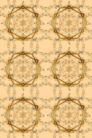 Golden snowflakes on brown, beige and orange colors. Symbol holiday, New Year celebration raster golden pattern. Winter snow texture wallpaper. Christmas golden snowflake seamless pattern.の写真素材