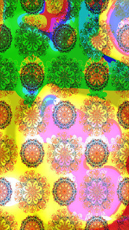 Multicolored elegant little flowers and funny bugs on a green colors, raster texture, illustration.の写真素材