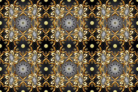 Pattern with golden elements. Luxury furniture. Patina. Small depth of field. Beige, brown and gray backdrop with gold trim. Carving. Furniture in classic style. Seamless element woodcarving.の写真素材