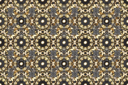 Antique golden repeatable wallpaper. Golden element on gray, brown and beige colors. Damask seamless repeating pattern. Gold floral ornament in baroque style.の写真素材