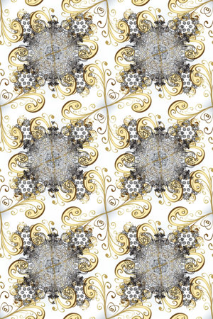 Raster illustration. Vintage seamless pattern on a gray, white and neutral colors with golden...