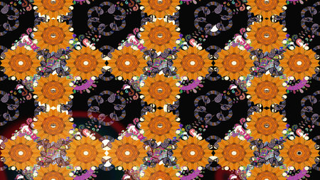 Sketch pattern with bright flowering carpet of plants on a orange colors.