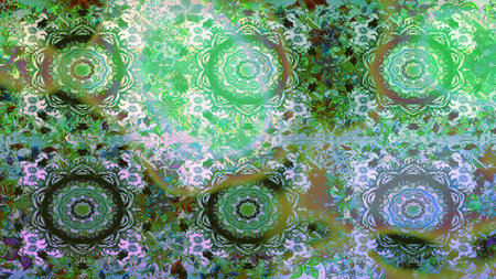 Seamless golden textured curls. Golden elements in oriental style arabesques. Raster golden seamless pattern. Seamless pattern on green colors.の写真素材