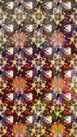 Raster floral pattern in doodle style with flowers. Raster illustration. Gentle, summer floral on brown colors.の写真素材